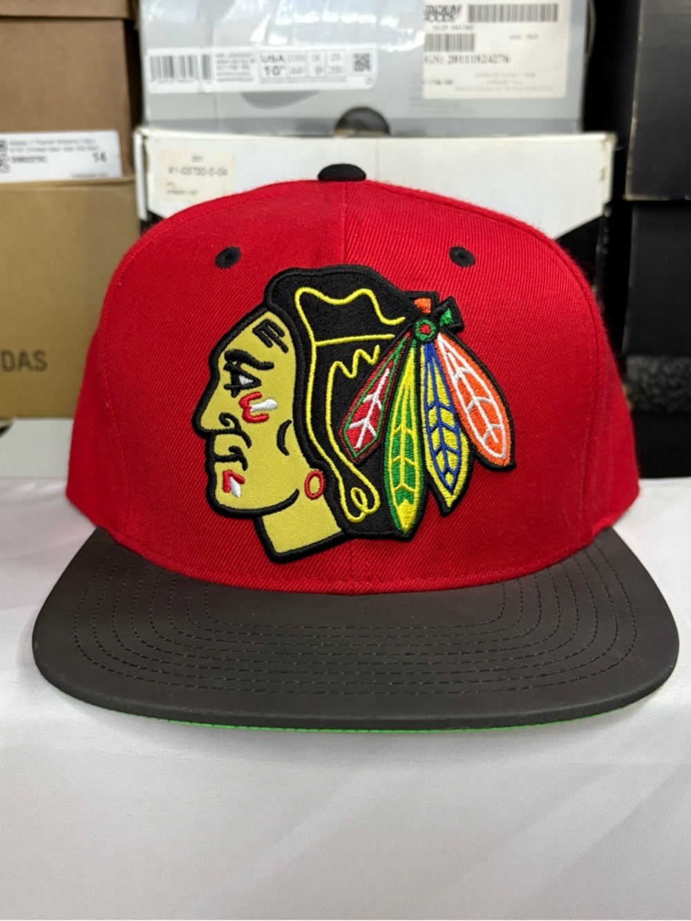 Chicago Blackhawks Hat Men Red Black Embroidered Mitchell & Ness Snap Back Cap
